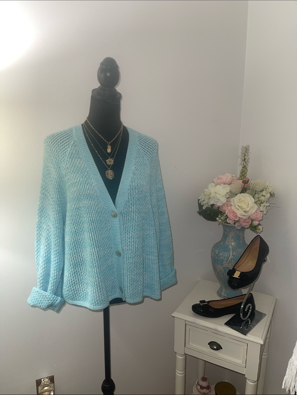 Habitat White and Aqua Knit Button-Front Cardigan